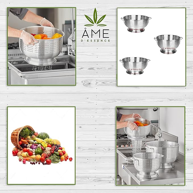 (16-QT) Aluminum Colander with Handles and Base Heavy Duty Commercial Grade