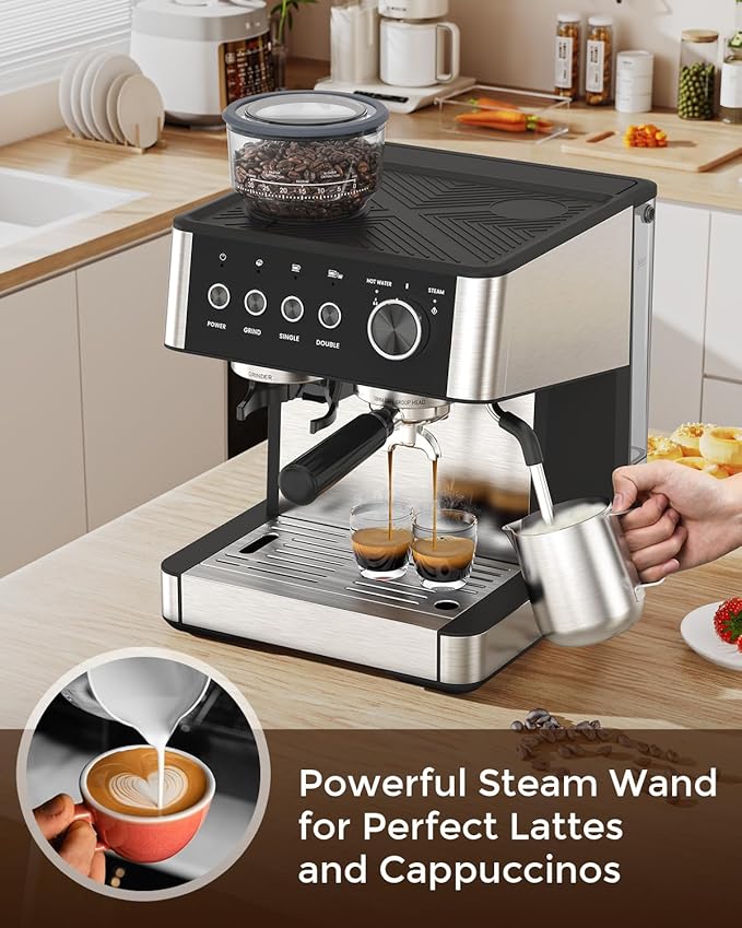 (2025 Upgrade)20 Bar Espresso Machine with Built-in Anti-Clog Coffee Grinder, Expresso Coffee Machines with Milk Steam Wand/Frother/Tamping Tools,Espresso Maker with Grinder for Lattes-Charcoal