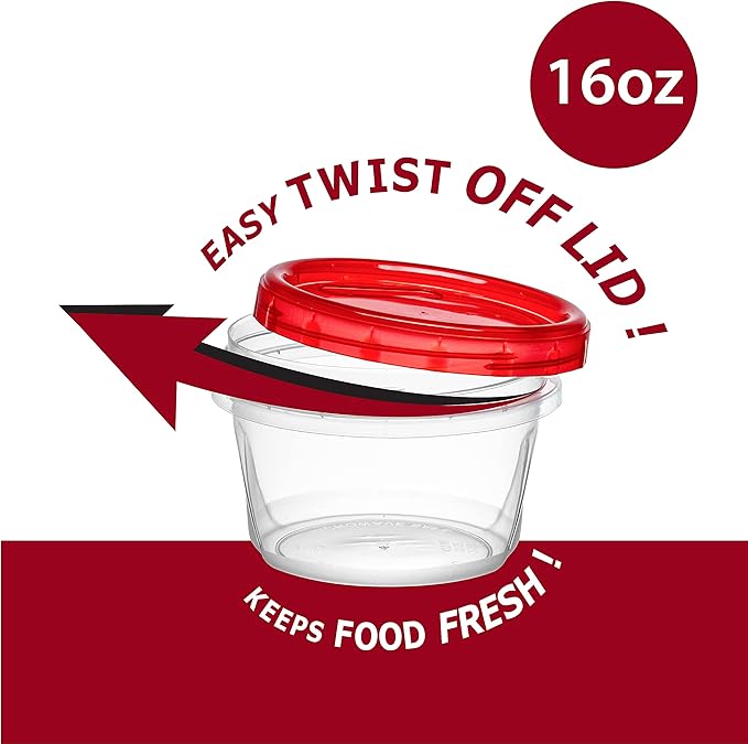 (16 Ounce 20 Pack) Twist cap Containers Clear Bottom With Red Top Screw on Lids Twist Top Food Storage Freezer Containers