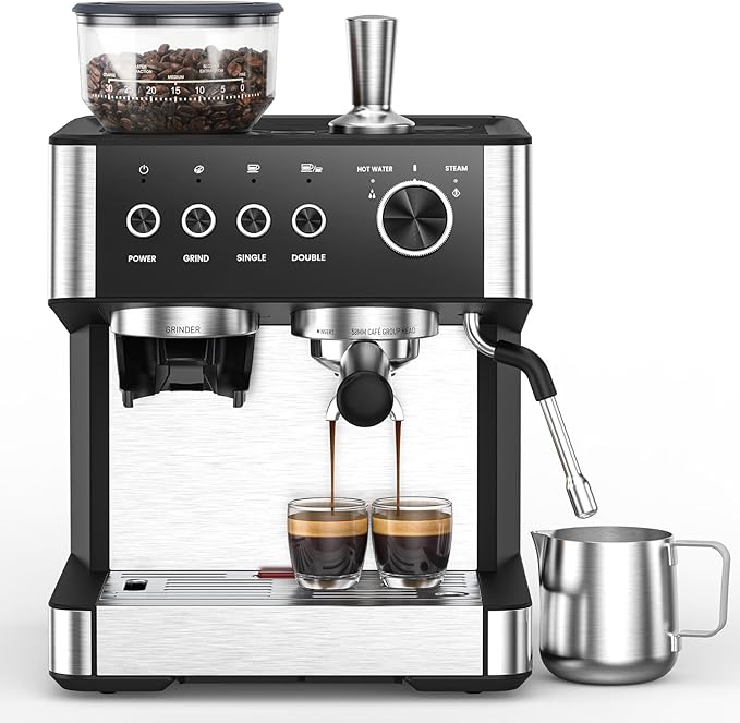 (2025 Upgrade)20 Bar Espresso Machine with Built-in Anti-Clog Coffee Grinder, Expresso Coffee Machines with Milk Steam Wand/Frother/Tamping Tools,Espresso Maker with Grinder for Lattes-Deep Black