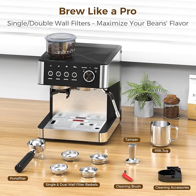 (2025 Upgrade)20 Bar Espresso Machine with Built-in Anti-Clog Coffee Grinder, Expresso Coffee Machines with Milk Steam Wand/Frother/Tamping Tools,Espresso Maker with Grinder for Lattes-Charcoal