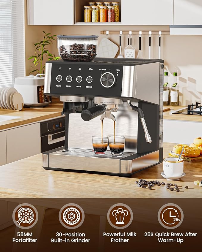 (2025 Upgrade)20 Bar Espresso Machine with Built-in Anti-Clog Coffee Grinder, Expresso Coffee Machines with Milk Steam Wand/Frother/Tamping Tools,Espresso Maker with Grinder for Lattes-Deep Black