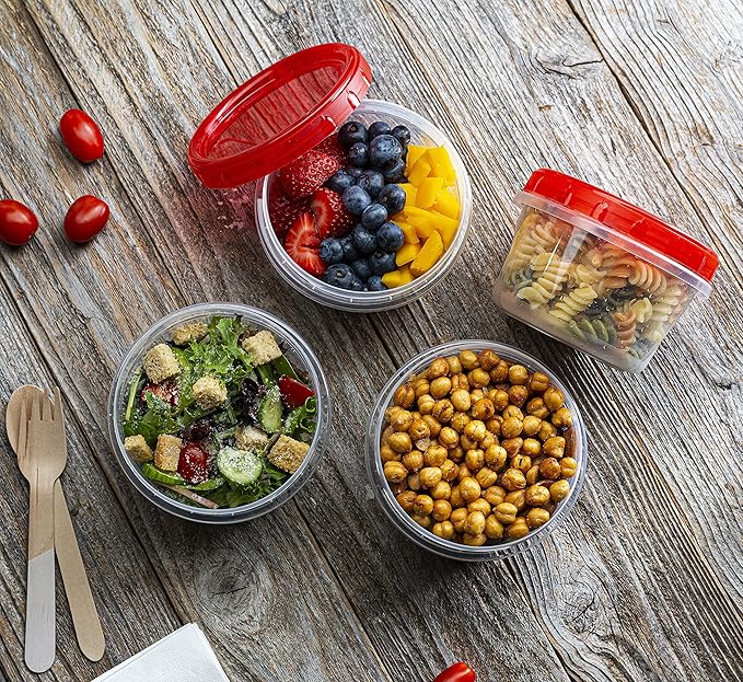 (16 Ounce 10 Pack) Twist cap Containers Clear Bottom With Red Top Screw on Lids Twist Top Food Storage Freezer Containers