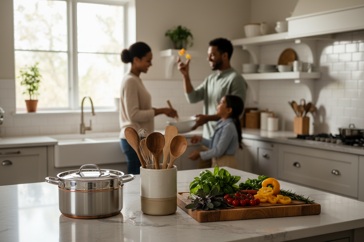 At KitchenAura, we believe the kitchen is the heart of every home—a place where creativity begins, flavors bloom, and memories are made. Our mission is simple: to bring beautifully designed, high-quality kitchenware to every American home, helping you cook easier, faster, and with more joy. (make it real photo)