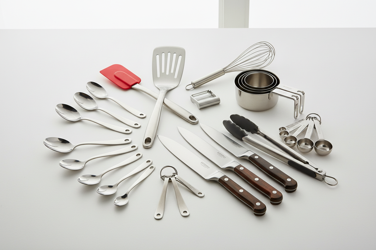 Everyday Kitchen Tools – Spoons, spatulas, knives, peelers, measuring sets, and utensils. (make it real photo)