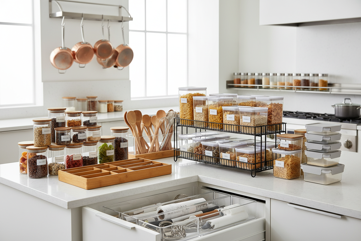 Organization & Storage – Racks, containers, and must-have accessories for a tidy kitchen. (make it real photo)