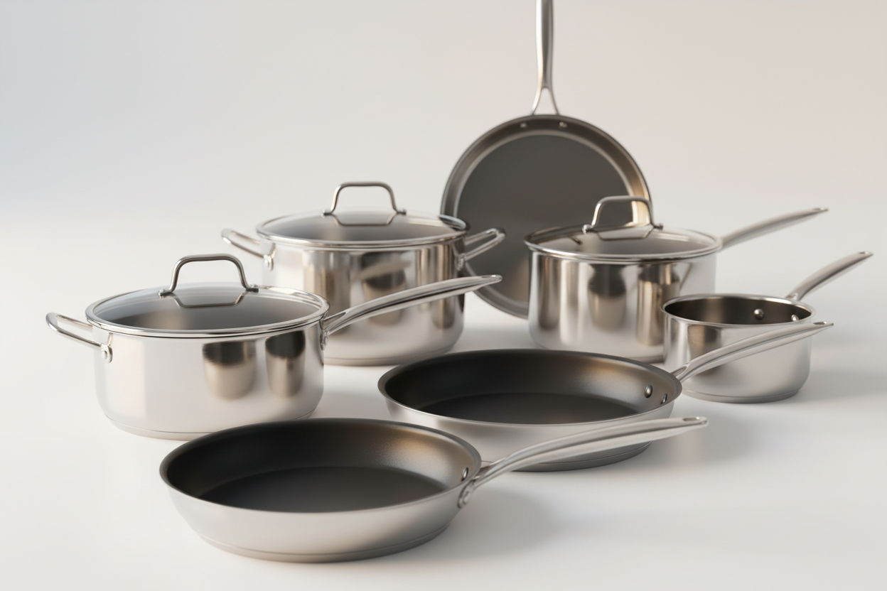 Premium Cookware – Nonstick pans, stainless steel sets, pots, skillets, and more.
 (make it real photo)